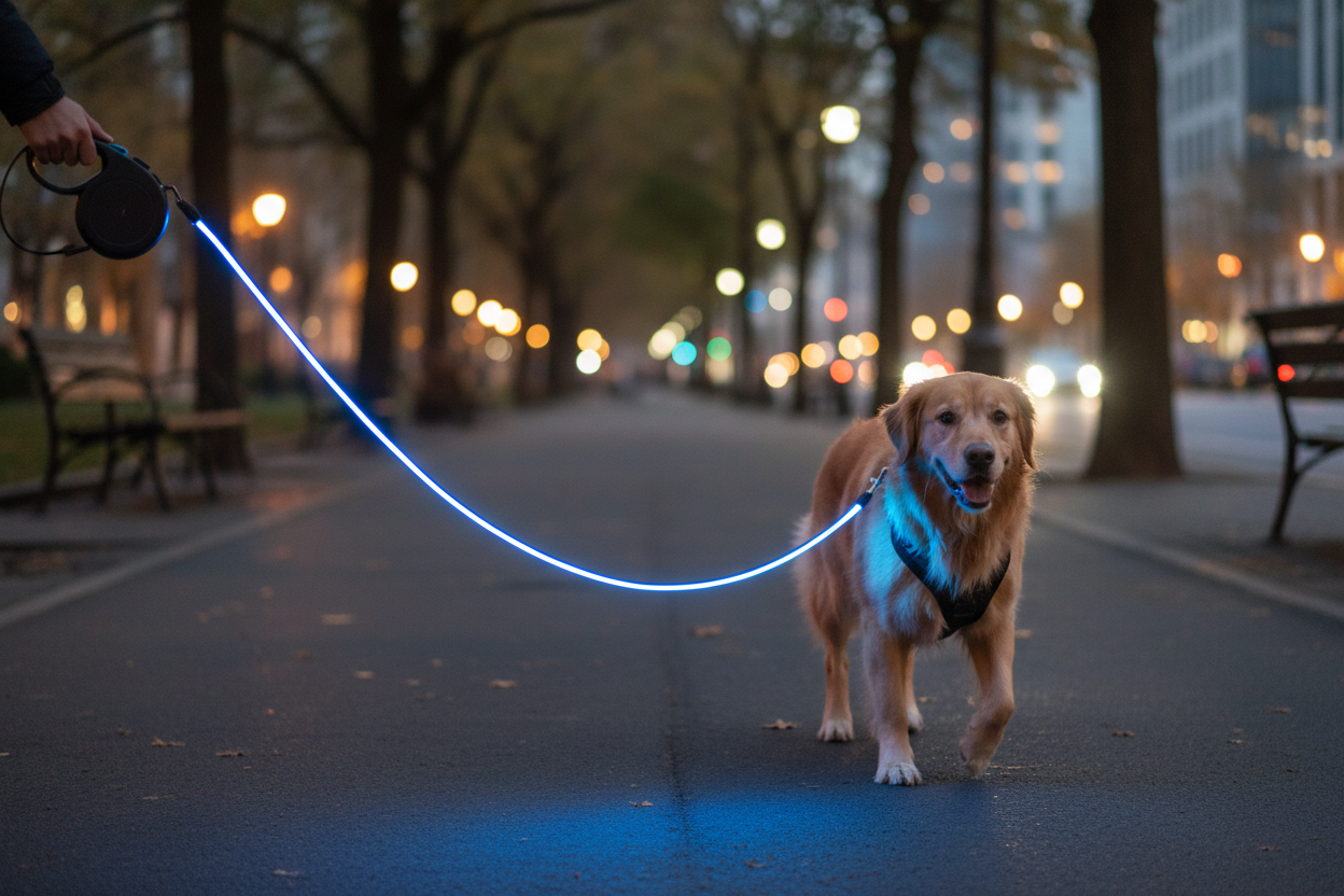 Photo réaliste en haute qualité d’un chien de taille moyenne tenu en laisse rétractable lumineuse, de couleur sombre avec LED bleue allumée.
Scène de promenade de nuit ou au crépuscule, dans un parc ou un trottoir urbain légèrement éclairé.
La lumière LED de la laisse est bien visible et met en valeur la sécurité nocturne.
Ambiance réaliste, rassurante, moderne, sans texte ni logo, style photo e-commerce professionnelle.
Le chien est calme, en mouvement, accompagné d’un humain partiellement visible.