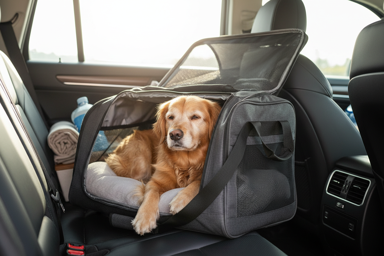 Photo réaliste et lumineuse d’un sac de voyage pour chien gris foncé, identique au produit présenté.
Le sac est ouvert et contient un chien de petite à moyenne taille, calme et détendu, allongé confortablement à l’intérieur.
La scène se déroule dans un contexte de voyage : à l’arrière d’une voiture ou dans un intérieur moderne avant un départ.
Le sac montre clairement ses parois respirantes en maille, sa structure stable et ses poignées.
Ambiance rassurante, propre et moderne, style photographie e-commerc