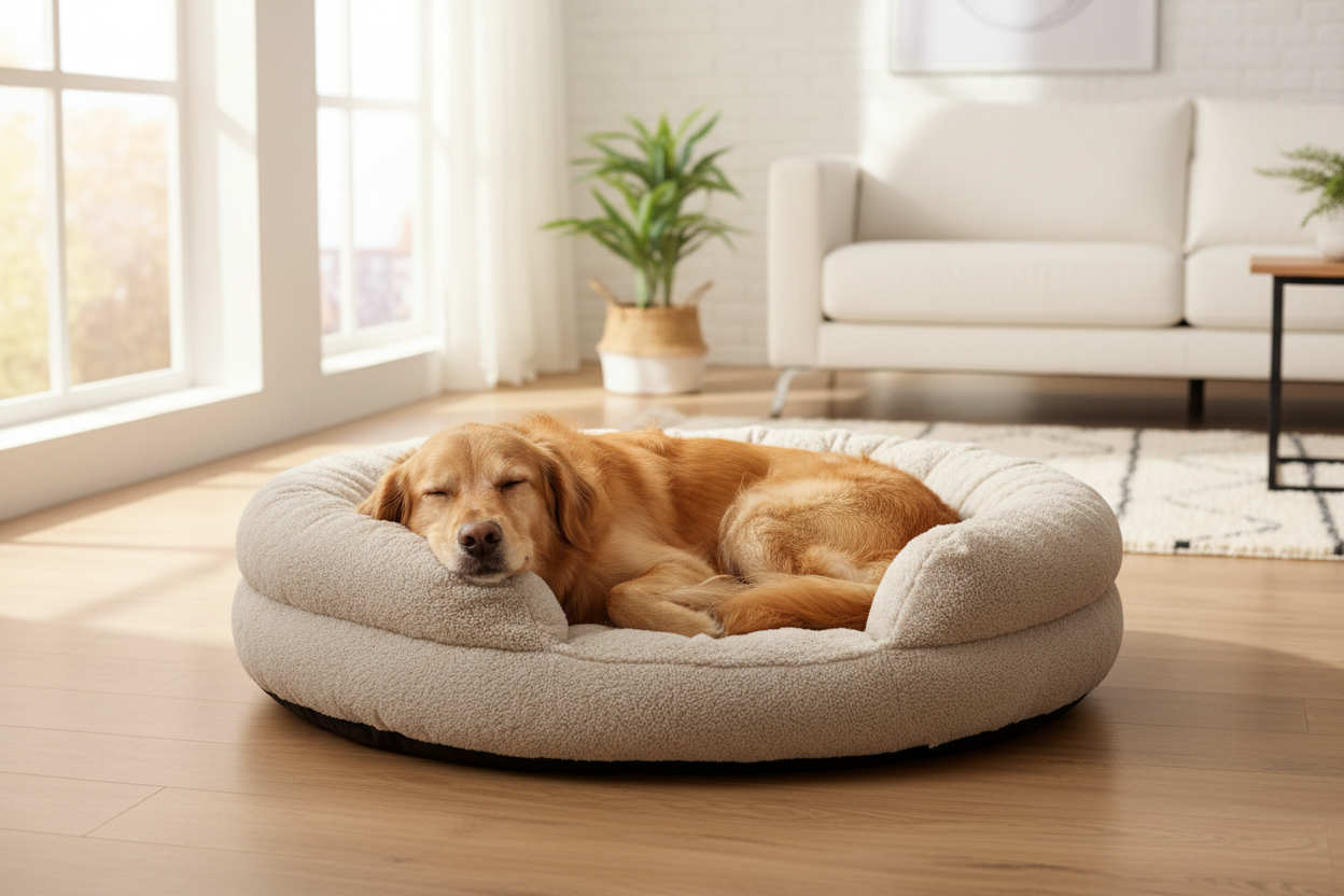 Photo réaliste haute qualité d’un chien de taille moyenne à grande, allongé paisiblement dans un lit pour chien ultra doux de type panier cocon, aux bords surélevés.
Le lit est placé dans un intérieur chaleureux et moderne (salon lumineux), sur un sol clair.
Le chien dort profondément, posture détendue, yeux fermés, expression apaisée.
Le tissu du panier est moelleux, épais, de couleur neutre et élégante (gris clair ou beige).
Ambiance calme, confortable et rassurante, lumière naturelle douce.
Image nette,