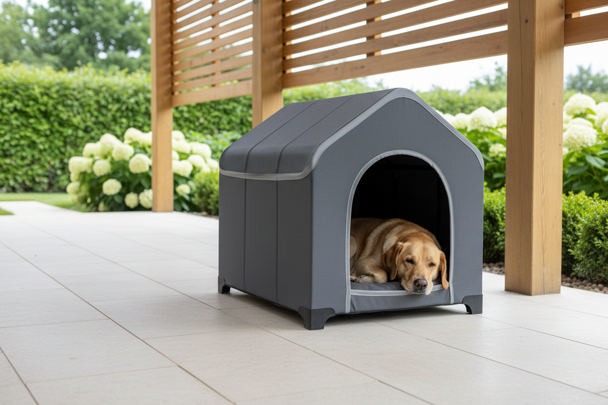 Photographie réaliste haute qualité d’une niche lavable pour chien, de couleur gris foncé, avec bordures d’entrée gris clair, design moderne, robuste et élégant.
La niche est installée sous une terrasse couverte, sur un sol propre (carrelage ou dalle extérieure), dans un environnement calme et soigné.
À l’intérieur de la niche, un chien de taille moyenne à grande (type Labrador, Golden Retriever ou chien croisé équivalent), calme, détendu et confortablement allongé, montrant que la niche offre suffisamme