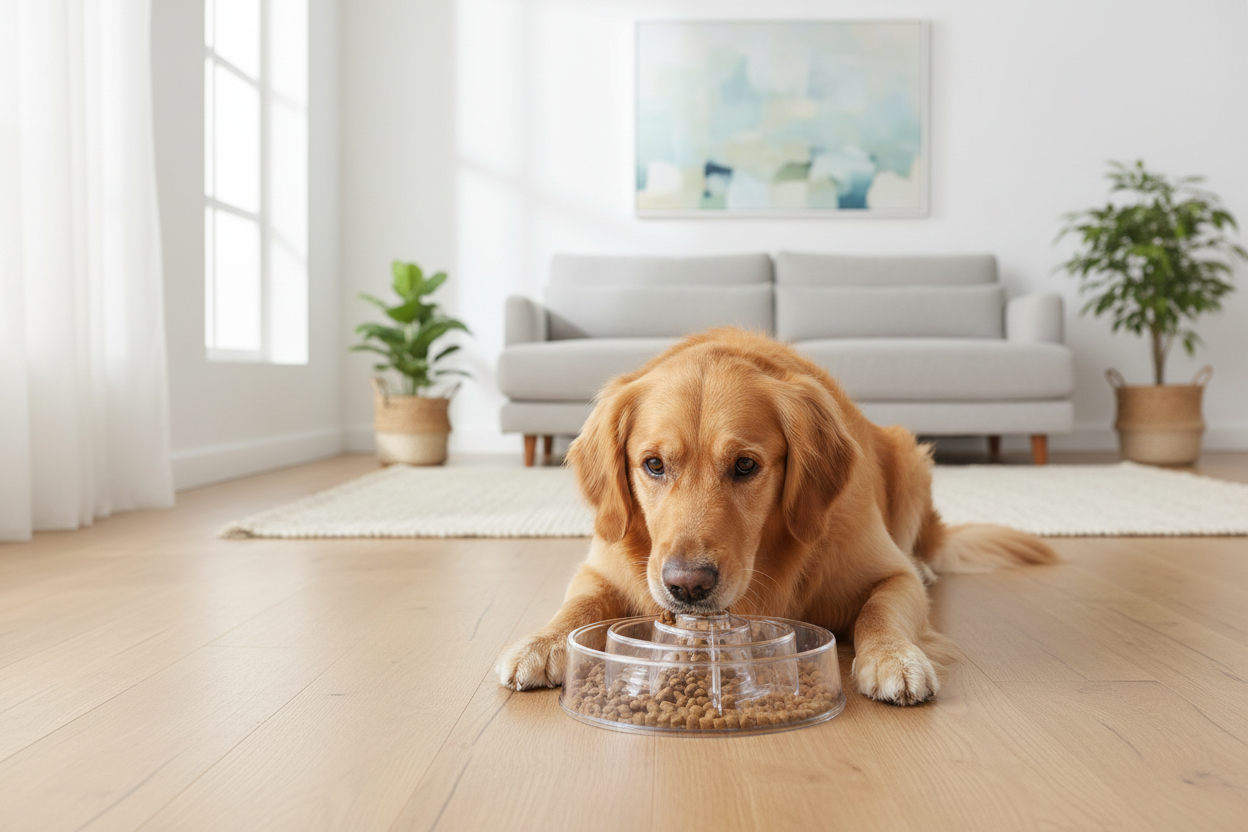 
Photo réaliste haute qualité d’un chien calme et concentré utilisant une gamelle interactive pour nourrissage lent, à l’intérieur d’une maison moderne et lumineuse.

Le chien paraît satisfait, détendu et intelligent, en train de chercher ses croquettes dans la gamelle.

La gamelle est bien visible, remplie partiellement de croquettes, avec un design en labyrinthe clair et lisible.

Ambiance chaleureuse, sol clair, lumière naturelle douce, style minimaliste.

Image bien cadrée, nette, professionnelle, orien