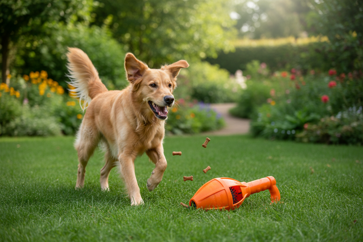 

Un chien de taille moyenne, heureux et énergique, jouant dans un jardin verdoyant.
Le chien interagit avec un lance-croquettes pour chien de couleur orange vif (ou rouge vif),
très visible dans l’herbe.
Scène naturelle, ambiance joyeuse et dynamique, herbe verte, lumière naturelle douce.
Le produit est bien identifiable, réaliste, sans logo ni texte.
Photo réaliste, qualité professionnelle e-commerce, haute résolution, cadrage net,
arrière-plan légèrement flouté.
Aucune écriture, aucune marque, aucune per